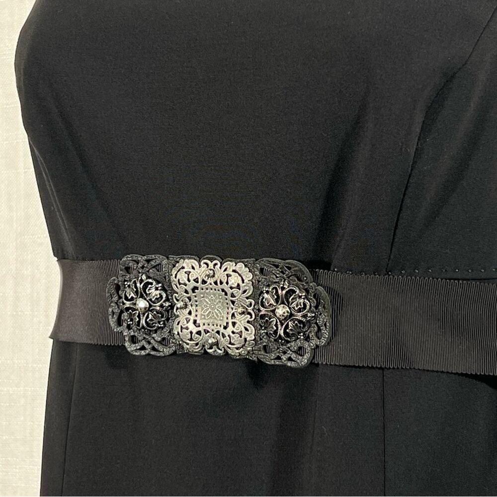 Elie Tahari Black Wool Blend A-Line Dress Size 0 Filigree Belt Sleeveless - Picture 6 of 14